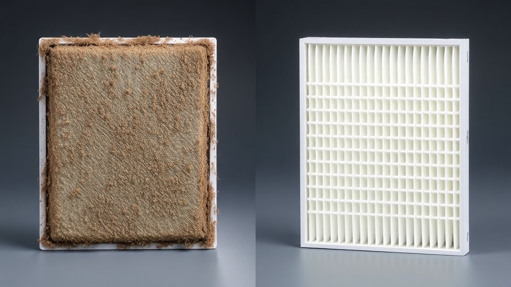 오염된 필터와 깨끗한 새 필터의 외관 차이를 비교하는 모습