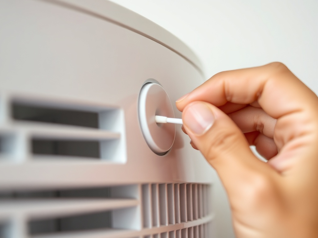 공기청정기 측면의 먼지 센서를 면봉으로 조심스럽게 닦아내는 과정