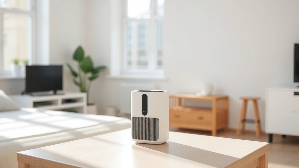 햇살이 들어오는 아담한 원룸 한켠에 놓인 소형 공기청정기가 쾌적한 실내 환경을 조성하는 모습